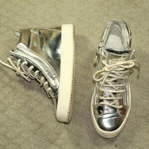 Size 7 / 37 - Giuseppe Zanotti Silver Patent Double Zip High Top Winged Sneakers